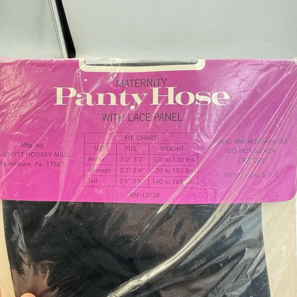 Vintage Amethyst Maternity Pantyhose Black Nylon Lace Panel Average NIP‎
